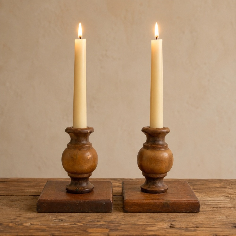 Vintage Turned Wood Candlesticks Square Bases Colonial Cottage Primitive 4.75""